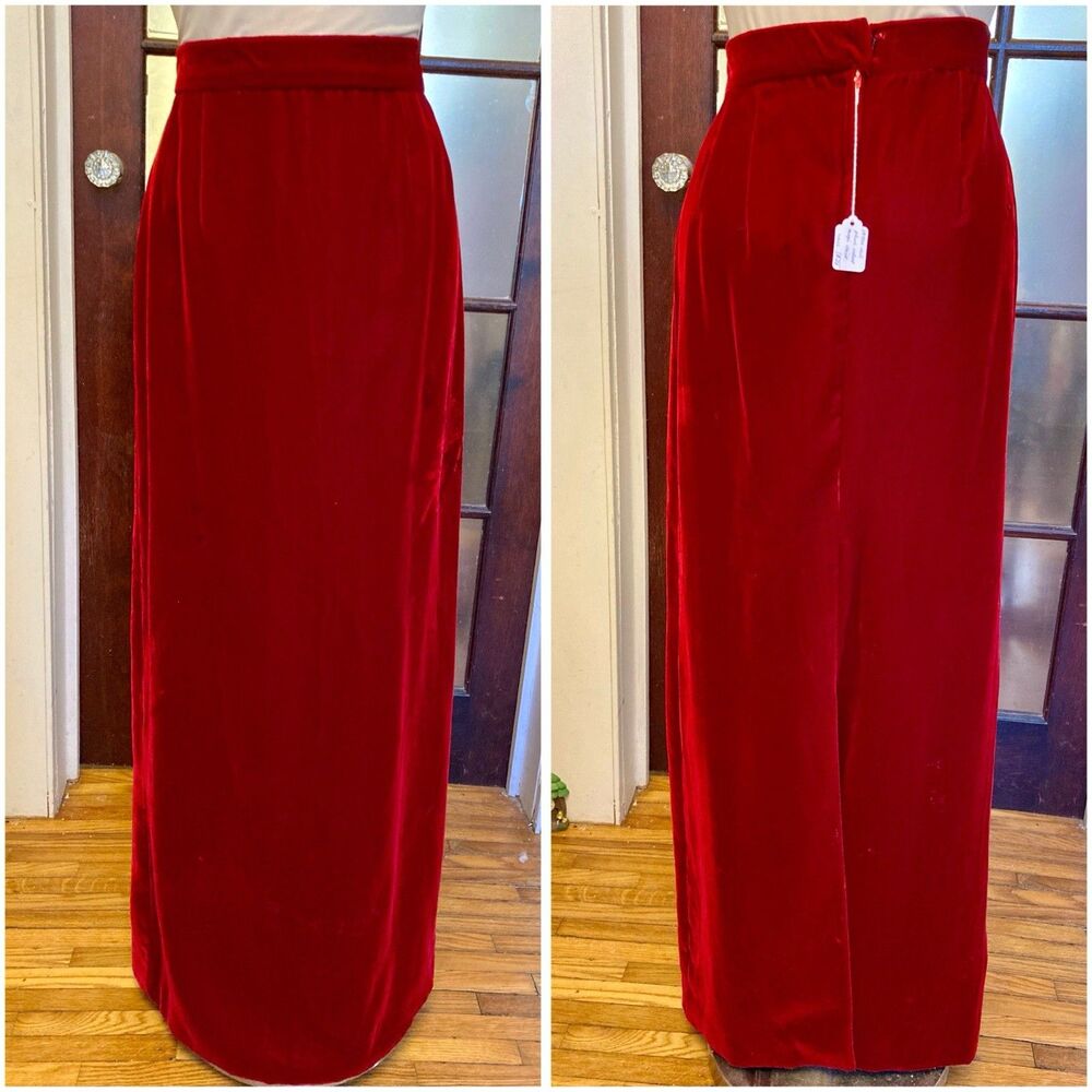 1960s Cranberry Red Straight Maxi Skirt Plush Velvet Hippie Does Victorian
